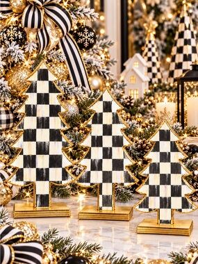 3 Hand Crafted Courtly Check Christmas Trees 11”